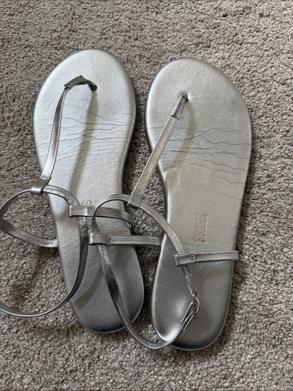 TKEES Metallic Silver T-Strap Flat Sandals